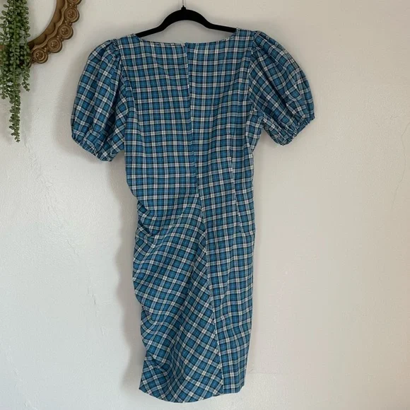 Ganni Check Ruched Seersucker Minidress in Check Azure Blue, - Picture 4 of 11